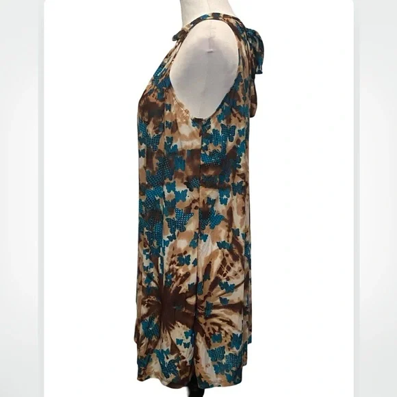 NEW Tie Dye Brown Butterflies High Neck Sleeveless Floaty Dress - Picture 7 of 7